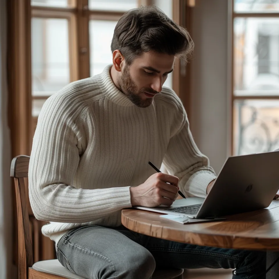 Pessoa concentrada escrevendo junto a janela