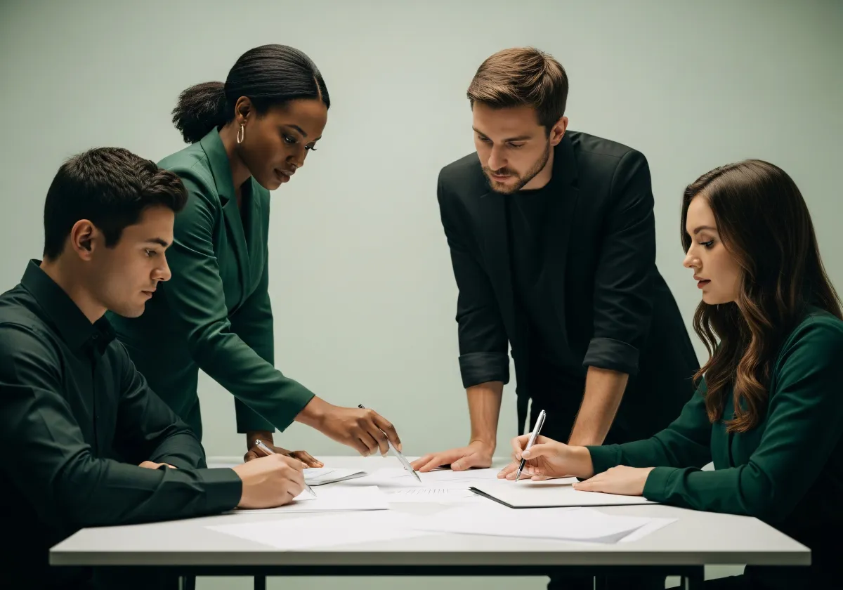 Grupo colaborando em projeto de escrita